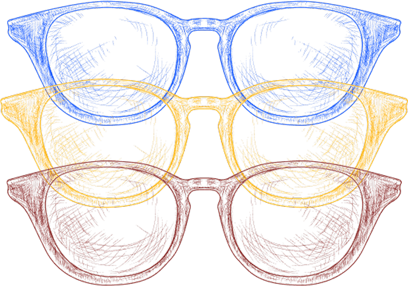 Three pairs of eyewear in different colors - blue, yellow, and burgundy